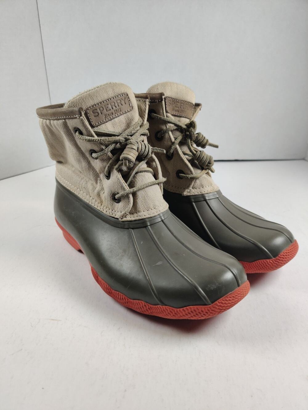 Sperry Saltwater Duck Boots Women's 6.5 Olive Tan Orange Waterproof